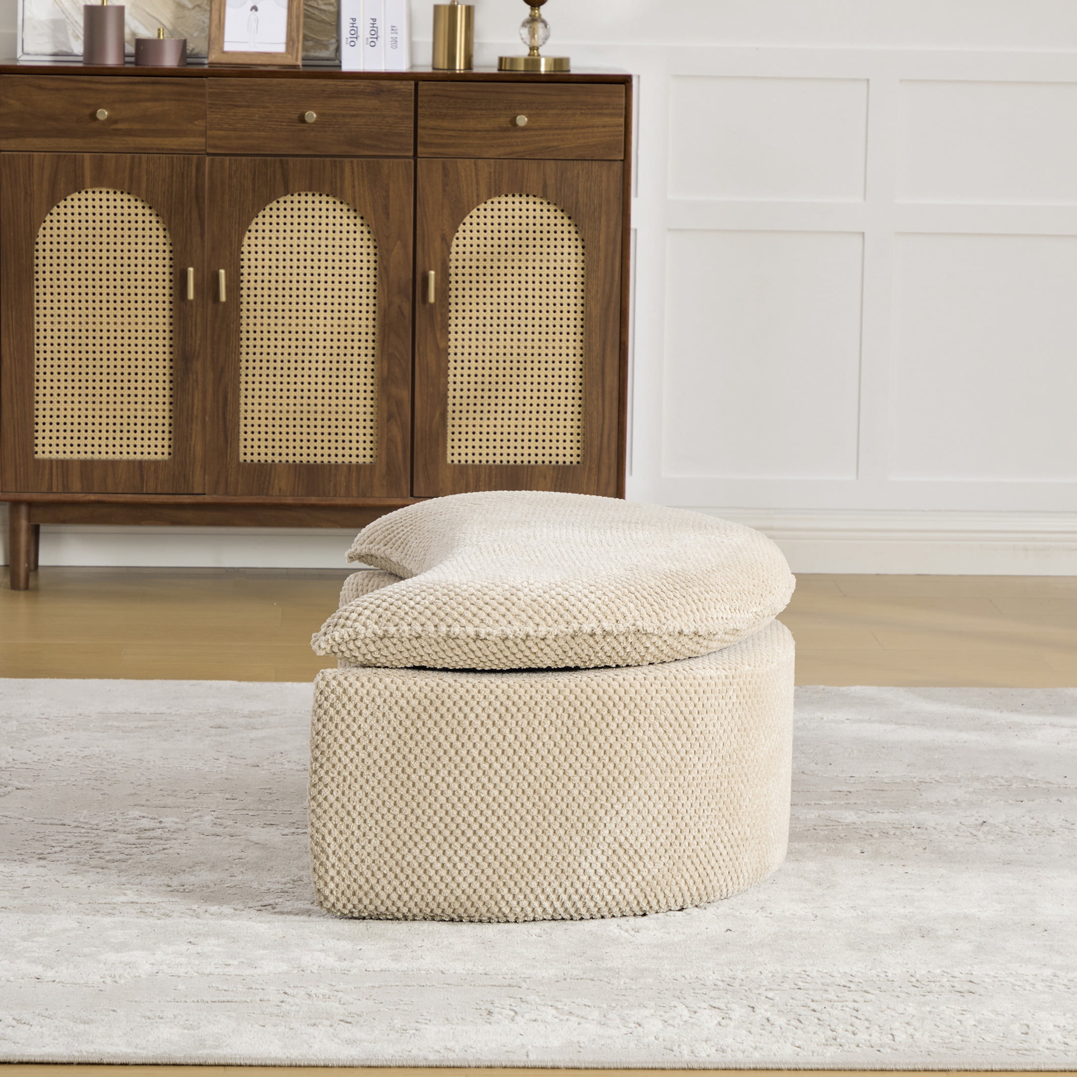 GDF Studio 34.45-Inch Moon-Shaped Footstool Ottoman with Pineapple Lattice Fabric, Taupe