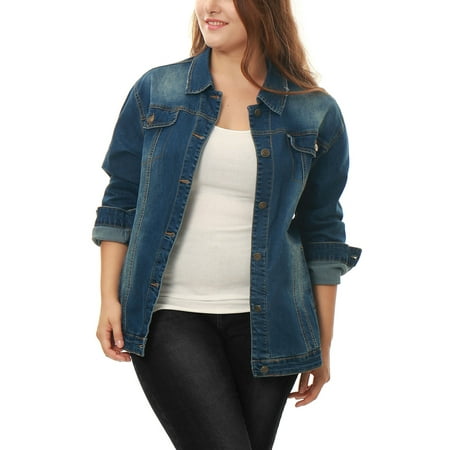 Unique Bargains Womens Jean Jacket Plus Size Washed 