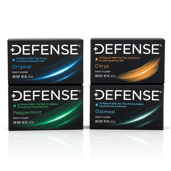 Defense Soap All Natural Tea Tree Bar Soap, 4 Bar Variety Pack - Original, Peppermint, Oatmeal, Citrus