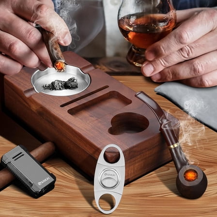 Wooden Cigar Ashtray Set with Lighter, , Pipe and Accessories Drawer
