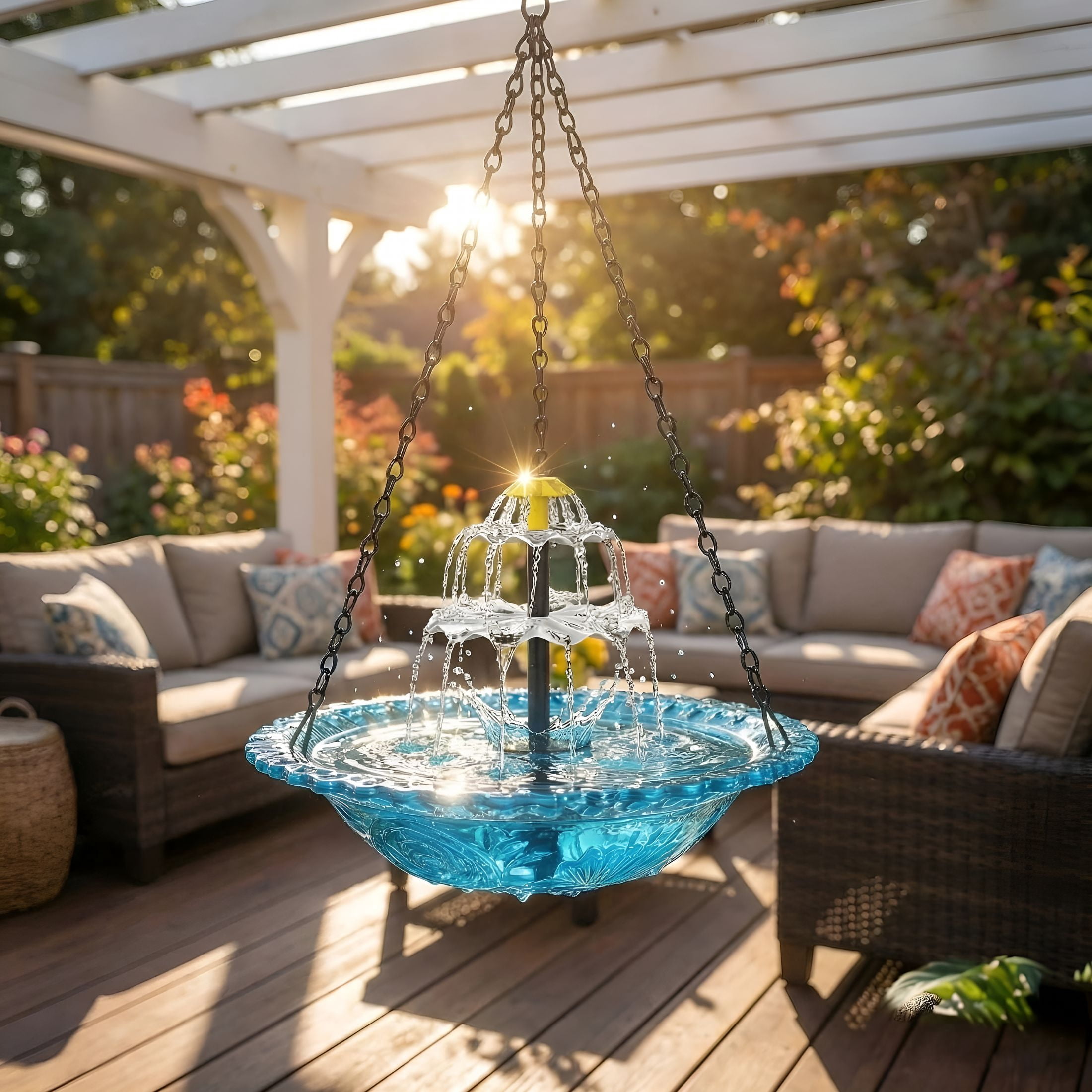 HIBIBUD Solar Cascade Hanging Bird Bath Fountain with Solar Pump & Glass Bowl for Outdoor Garden Decor