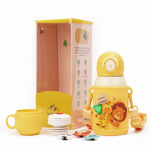 16 oz Kids Insulated Tumbler – Stainless Steel Double Wall Vacuum Cup with Leak-Proof Lid & Silicone Straw – BPA-Free Spill Proof Travel Water Bottle for Toddlers & Children (Safari)