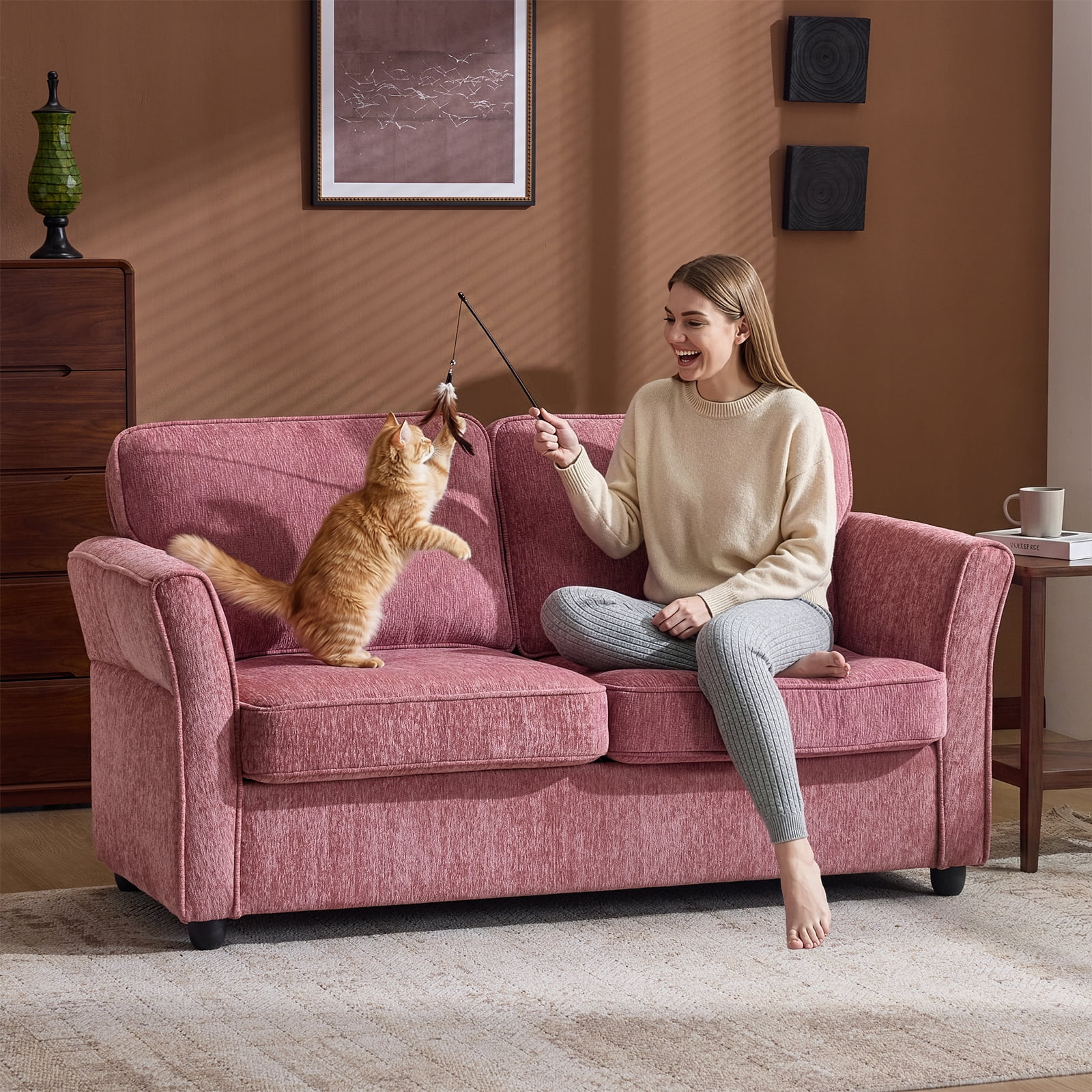 Ktaxon 68" Loveseat Sofa, 2-Seater Chenille Fabric Couch, Compact Sofa for Living Room, Bedroom, Apartment, Small Spaces Pink