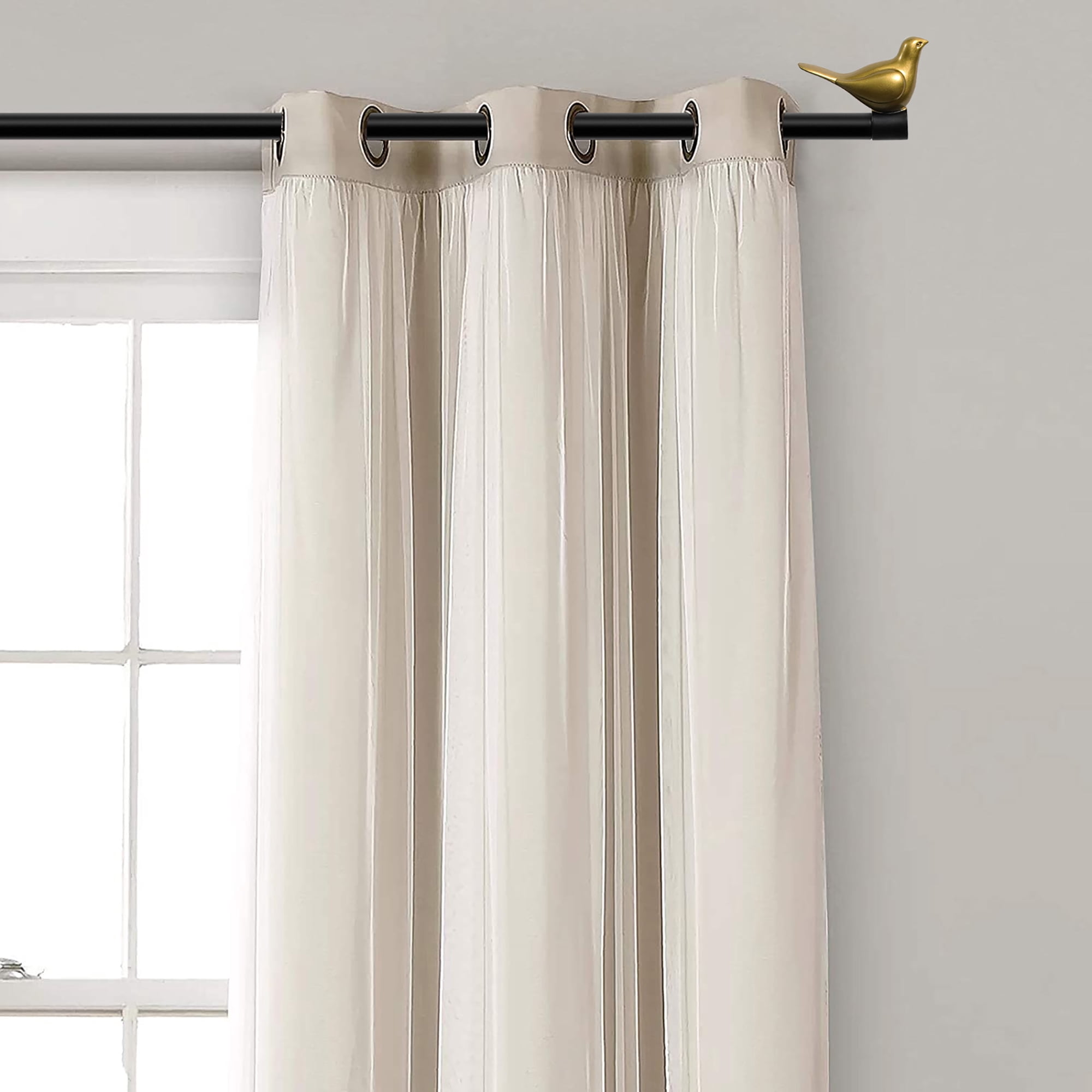 MERIVILLE 3/4" Diameter Farmhouse Single Window Treatment Curtain Rod, Gold Bird Finials, 48"-84", Black Rod