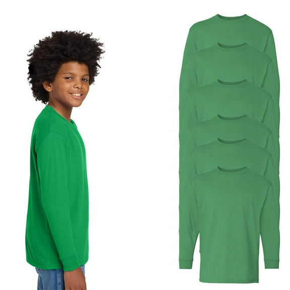 Gildan Heavy Cotton Youth Long Sleeve T-Shirt, Kids Classic Fit Cotton Tee, Irish Green, XS, 6-Pack