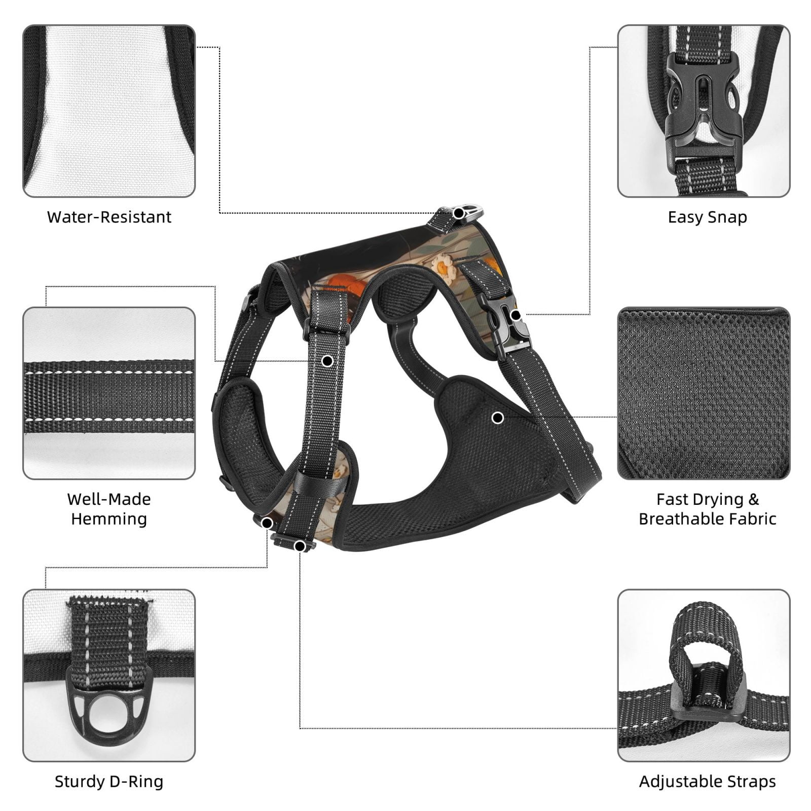 Fuzoiu Black Cat in Wildflowers Print Reflective Dog Harness,Adjustable, Breathable Pet Vest,Dog Harness No Pull,No Choke Pet Vest for Small, Medium, and Large Dogs-X-Large