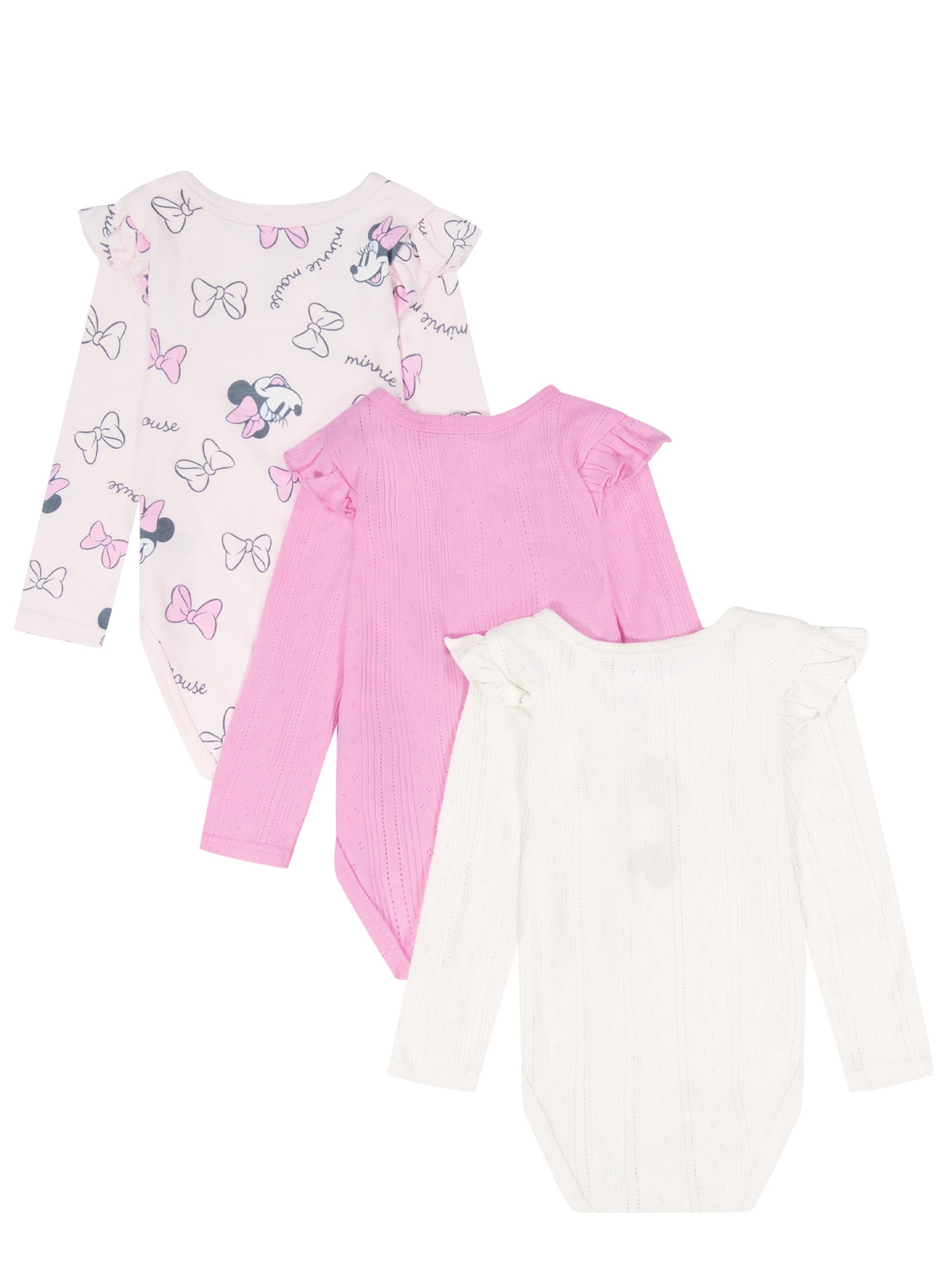 Minnie Mouse Baby Girls 3 Pack Long Sleeve Bodysuit, Size 0-24 Months