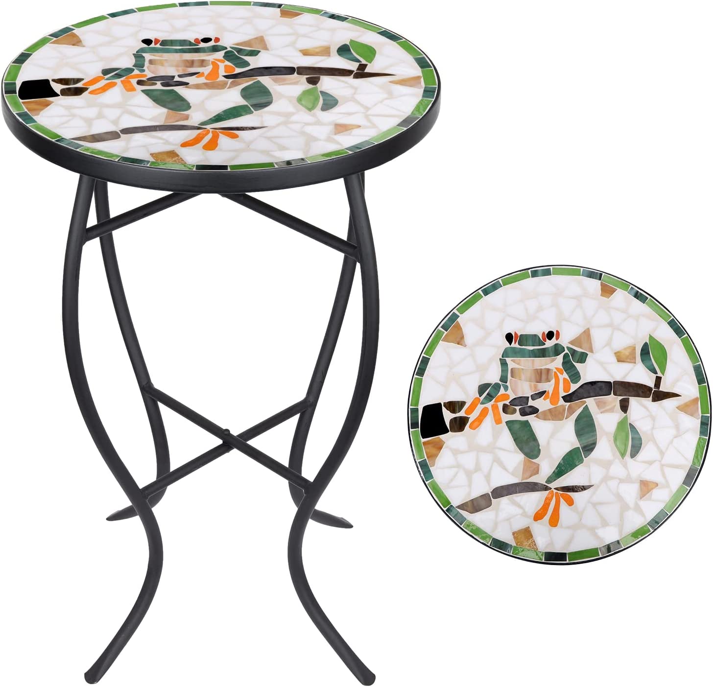 Mosaic Side Table, 21" Round End Table with 14" Ceramic Tile Top, Patio Accent Table Indoor and