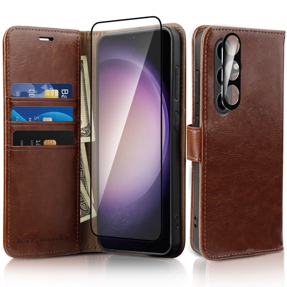 MONASAY Wallet Case Fit for Galaxy S24 5G, [Screen Protector and lens protector] [RFID Blocking] Flip Folio Leather Cell Phone Cover with Credit Card Holder, 6.2 inch, Brown
