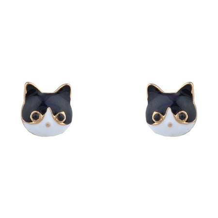 - Lux Accessories Gold tone Black White Kitty Cat Head Shaped Stud Earrings