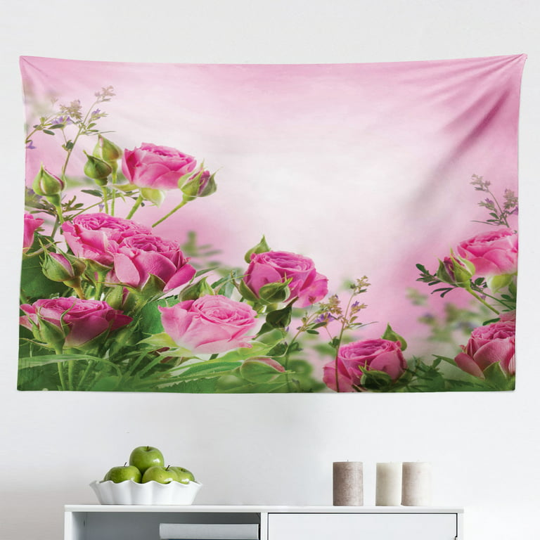 Flower Tapestry, Bouquet of Garden Mountain Flowers with Roses and Daisises  Buds and Leaves Print, Fabric Wall Hanging Decor for Bedroom Living Room