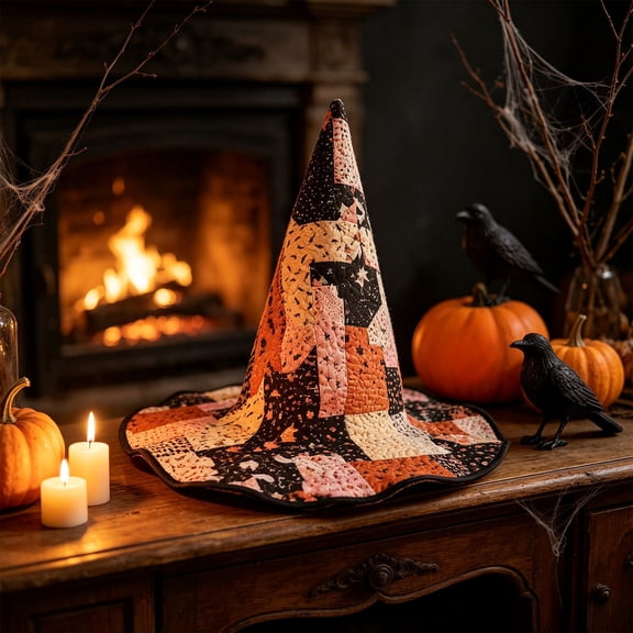 sruoe Halloween Quilted Witch Hat, Mystical Wizard Headwear, Halloween Party Accessory, Halloween Holiday Decor for Costume Match,Themed Gathering,Shelf Display