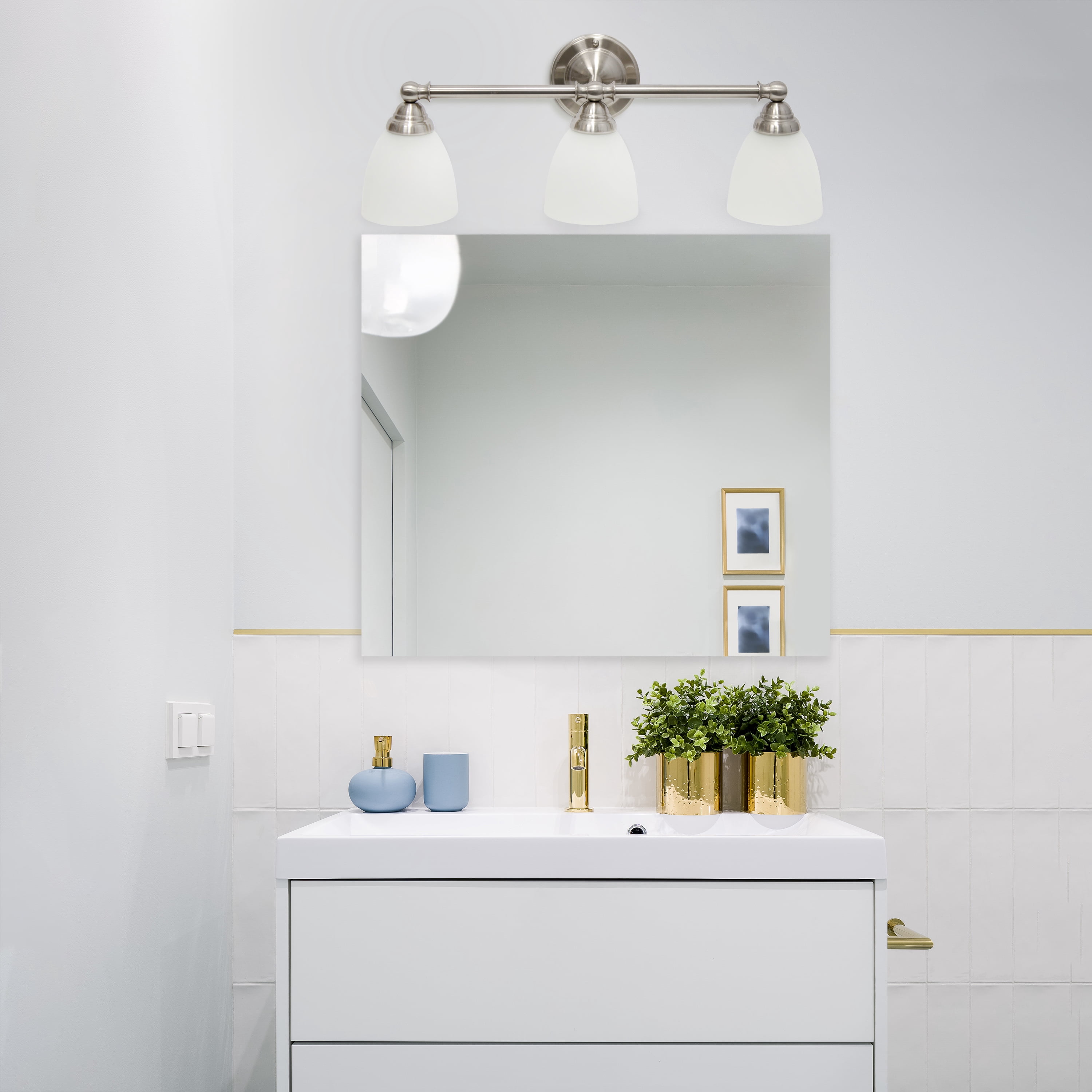 Simple Designs 25" Classic 3 Light Metal Bar and Frosted Cone Shape Glass Shades Decorative Wall Mounted Vanity Fixture For Bathroom, Entryway, Hallway, Brushed Nickel