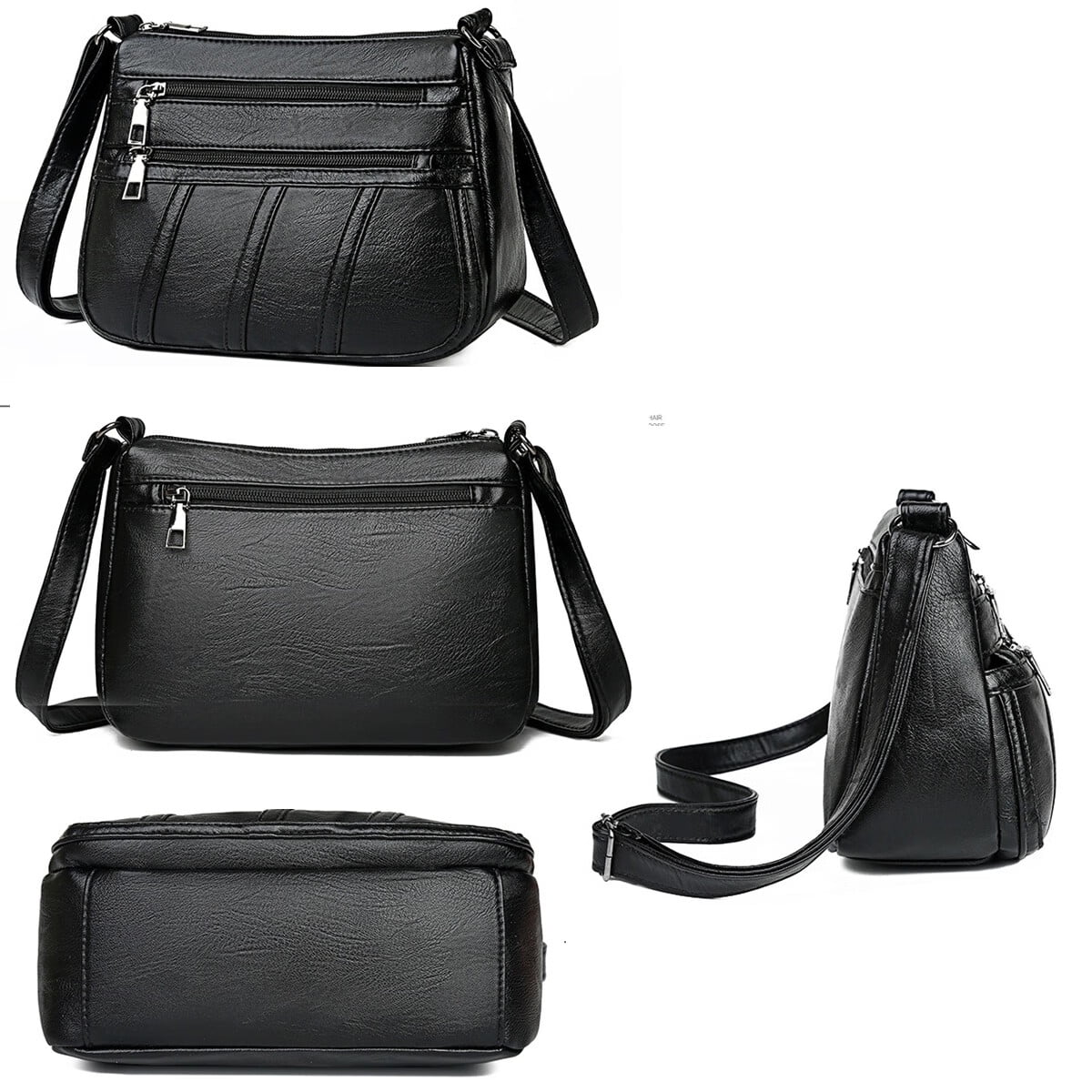 Women PU Shoulder Bag Multi-pocket Mother Solid Crossbody Handbag (Black)