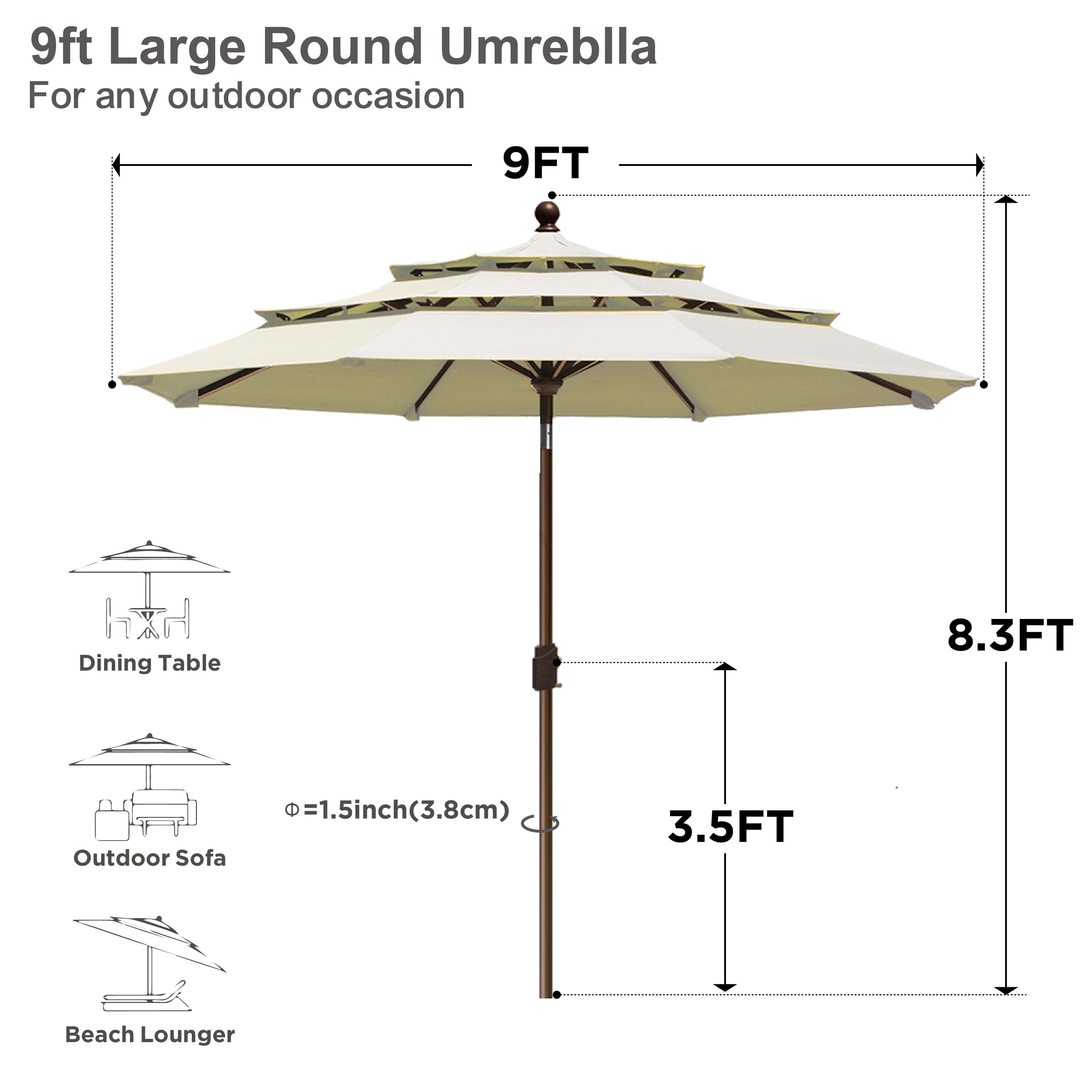 EliteShade 9ft 3-Tier Outdoor Patio Umbrella with Wind Vent, Outdoor Table Umbrella（Natural）