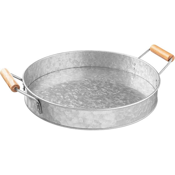 Royalty Art Rustic Serving Tray, Large Round Metal Base with Wood Carry Handles, Galvanized Steel, Vintage Farmhouse Decoration for Modern Homes or Kitchens