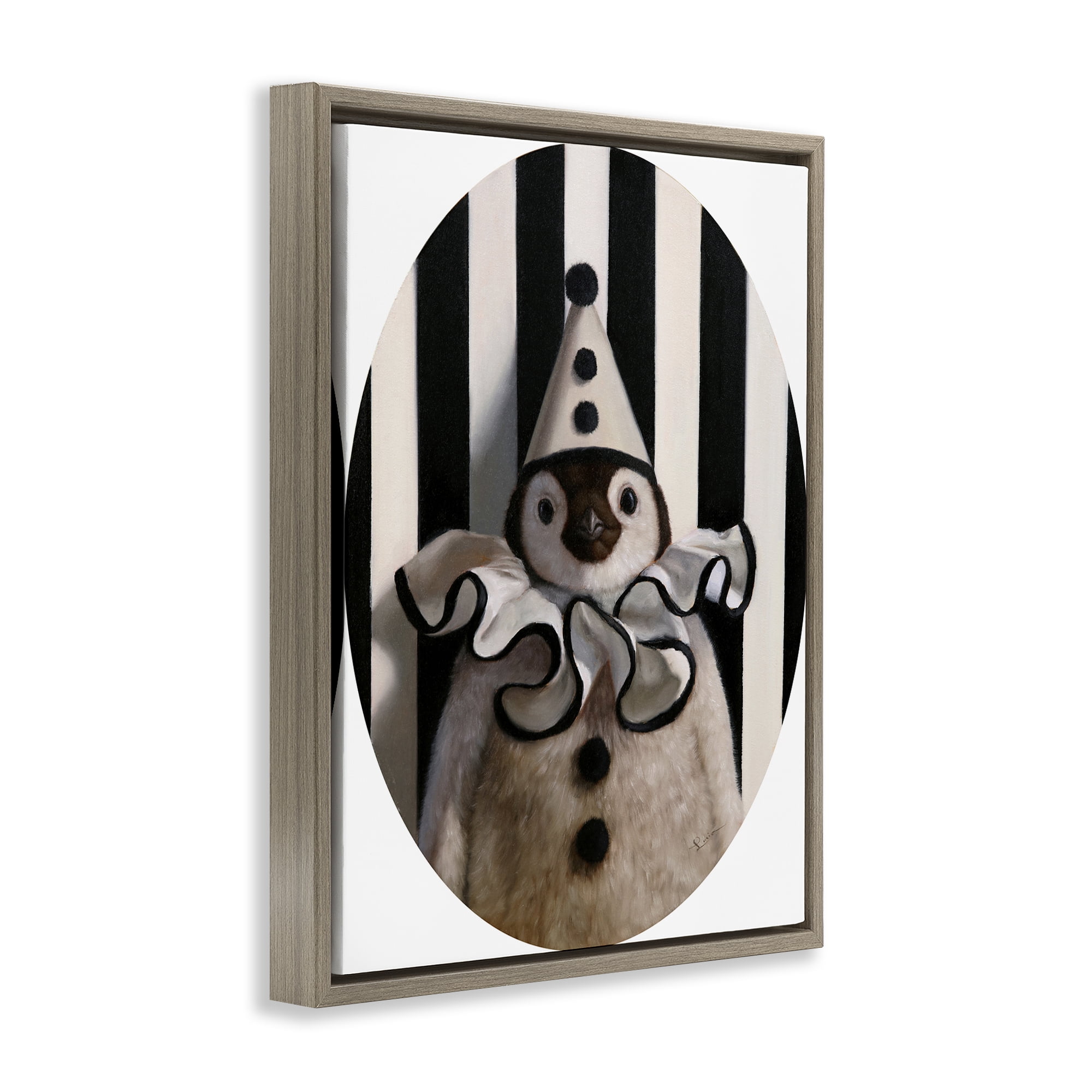 Stupell Industries Clown Themed Penguin Animals Painting Brown Floater Framed Canvas Art Print Wall Art, 17 x 21