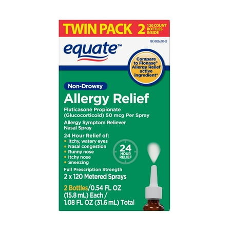 Equate 24-Hour Allergy Relief Nasal Spray, Fluticasone Propionate (Glucocorticoid), 50 mcg Per Spray, Full Prescription Strength, Non-Drowsy, 50 mcg per spray