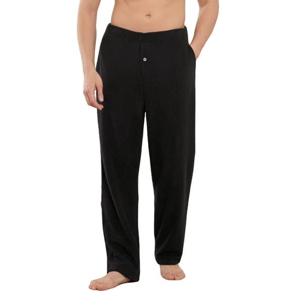 U2SKIIN Mens Fleece Pajama Pants, Soft Plush Lounge Bottoms with Pockets and Button Fly Warm Cozy Sleep PJ Pants(BLACK, L)