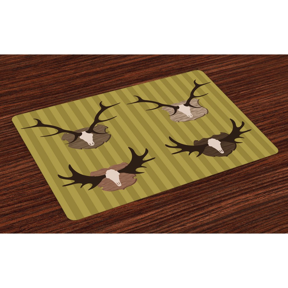 Hunting Placemats Set of 4 Deer and Moose Horns Trophy on Striped