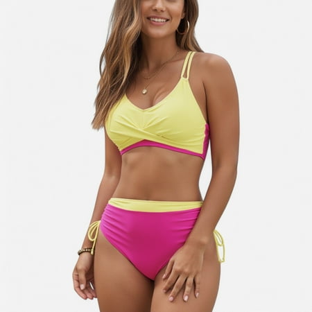 Swim Women s Two-Tone Bikini Set with Double Strap Top and High Waist Ruched Bottom with Side Tie Detail - X Large  Fuchsia