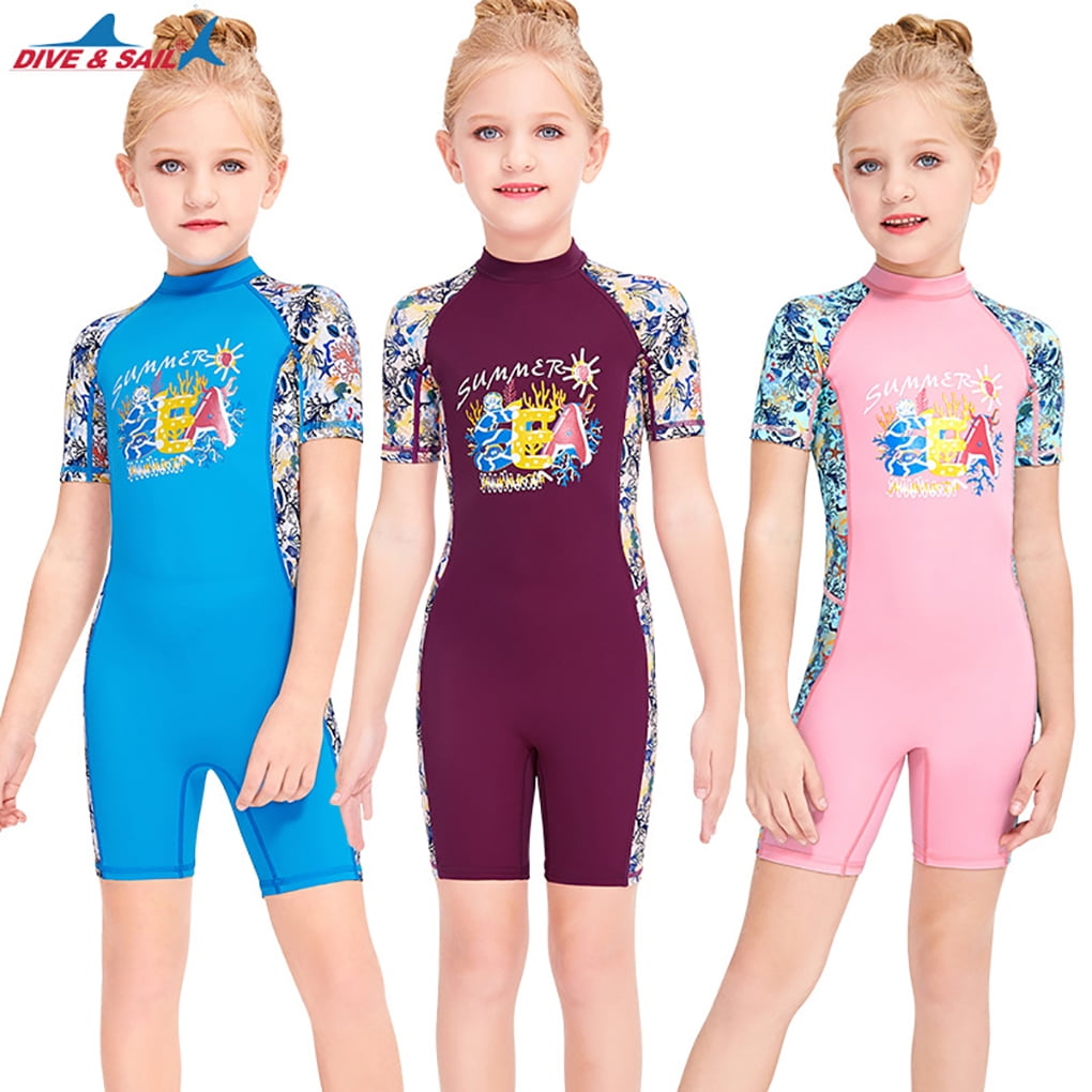 DIVE SAIL Girls Wetsuit UV Protection Kids Swimsuit Short Sleeve Round Neck Back Zipper Swimwear Rash Guard Shorty Wet Suit Purple M Walmart