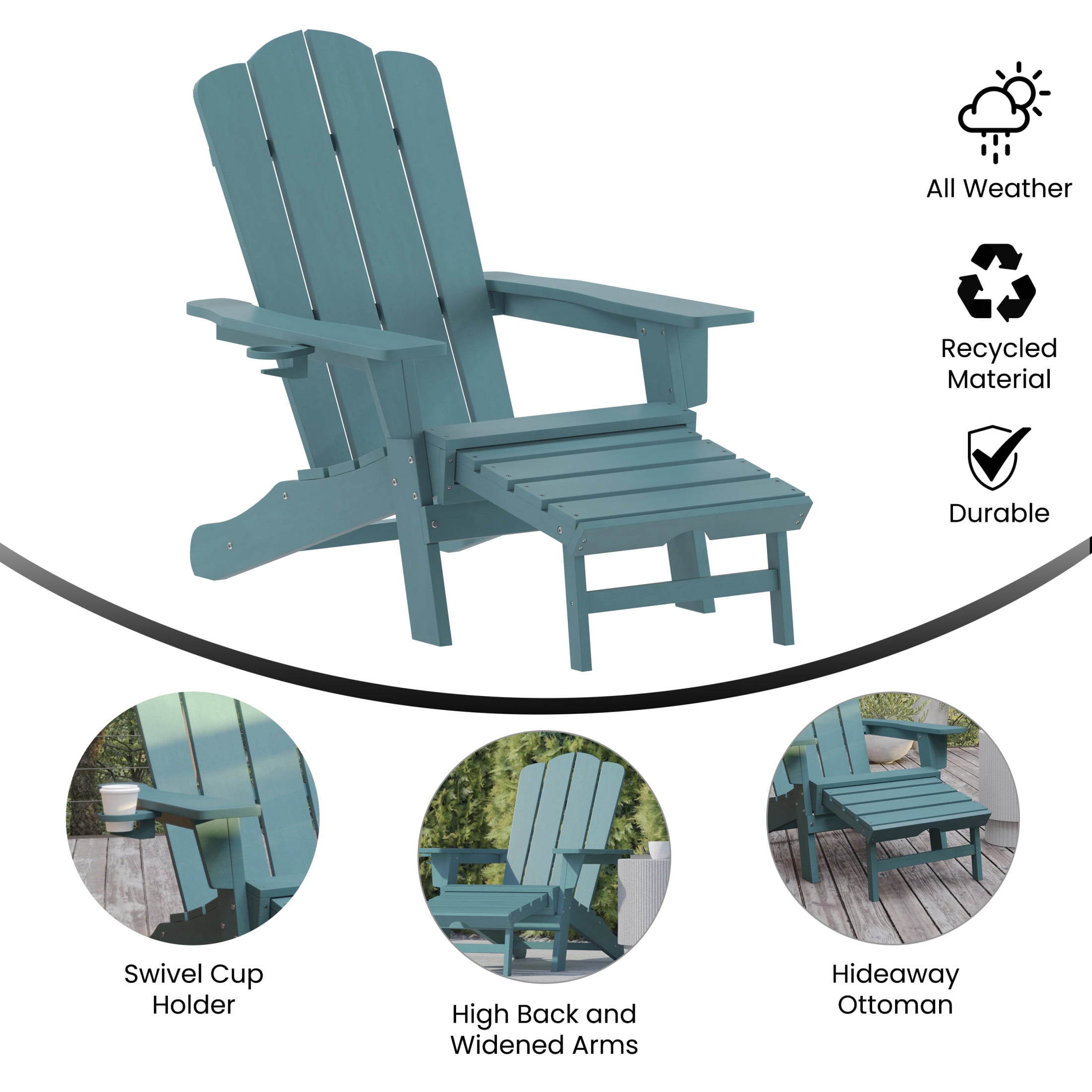BizChair HDPE Adirondack Chair with Cup Holder and Pull Out Ottoman, All-Weather HDPE Indoor/Outdoor Lounge Chair in Blue