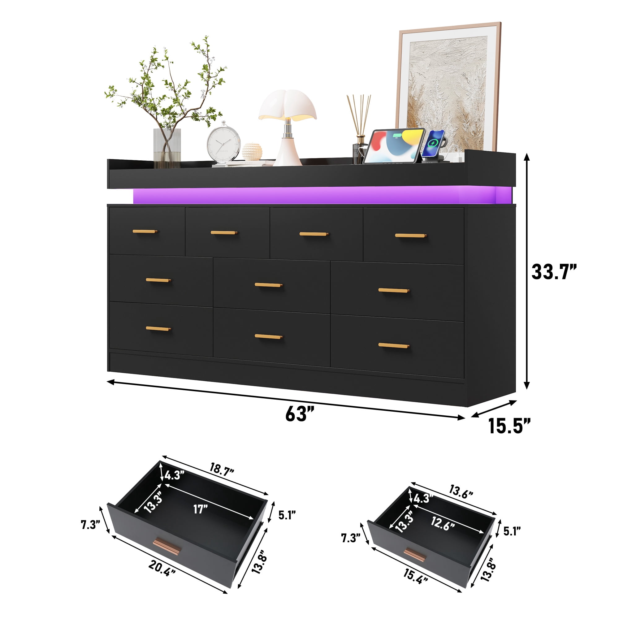 ChVans Black Dresser with Charging Station and LED Lights, Modern Chest of Drawers for Closet, 10 drawer dresser for Bedroom, Living Room, Entryway, Hallway