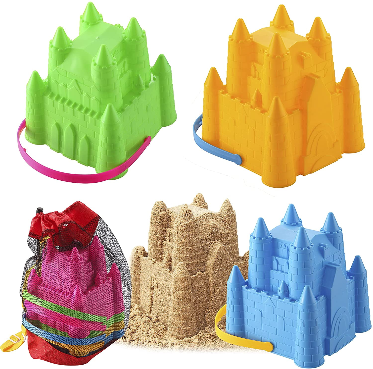 Home Express 4 Pack Sand Castles Beach Buckets Toy Set with Mesh Bag, 8