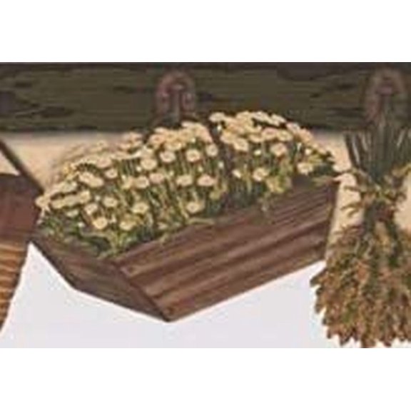 Concord Wallcoverings Wallpaper Border Garden Pattern Flowers in Baskets Dried Herbs Bucket Bag for Cottage Farmhouse, Dark Brown Green White, 6.75 Inches by 15 Feet TC48022B