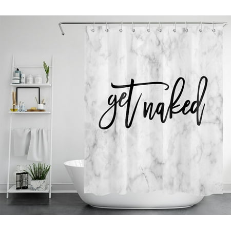 HVEST Get Naked Shower Curtains for Bathroom, Funny Quotes on Grey Marble Backdrop Abstract Art Modern Farmhouse Shower Curtain Set with 12 Hooks, Polyester Fabric Bath Accessories 60x72 Inch