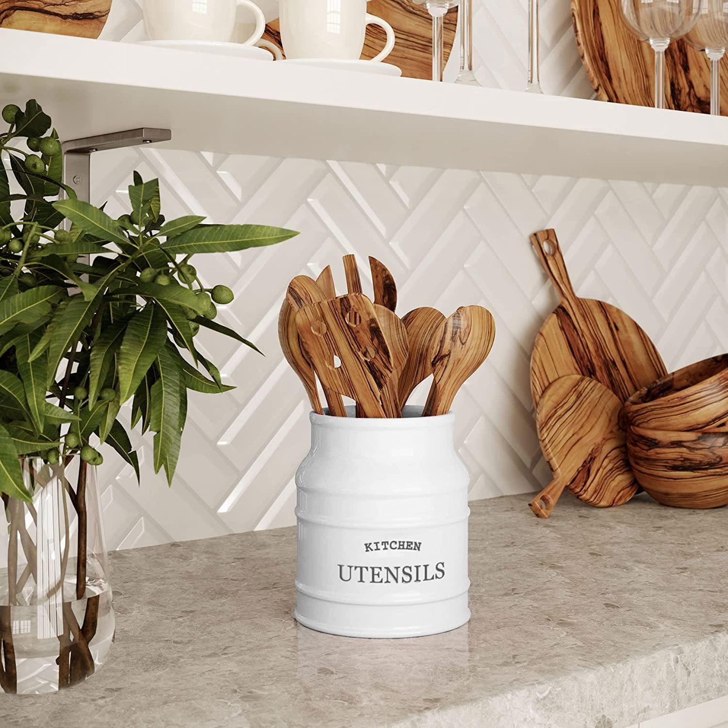 Ceramic Farmhouse Utensil Holder for Kitchen Counter, Large Rustic Utensil Crock, Countertop Cooking Tool Spatula Organizer, 6.75” (White)