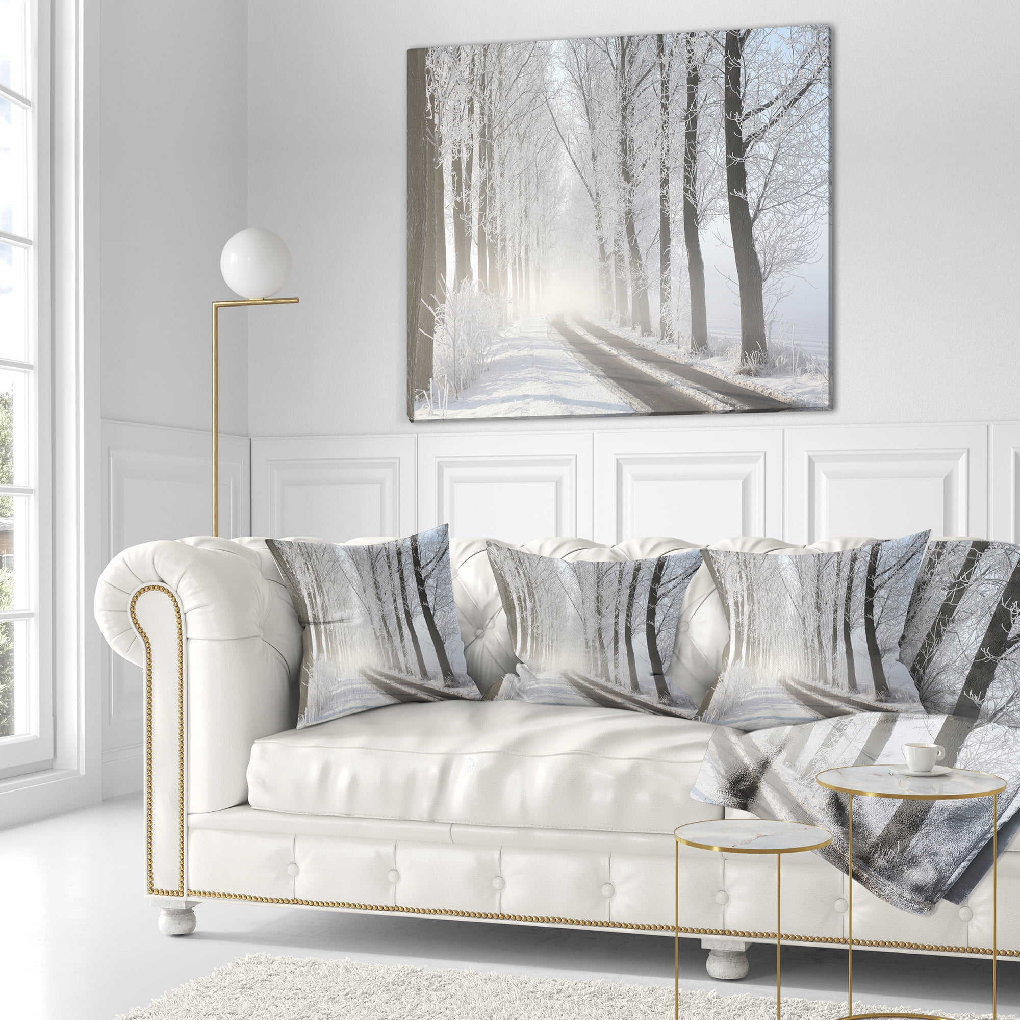 Designart Winter Lane in Foggy Morning - Landscape Photo Throw Pillow - 18x18