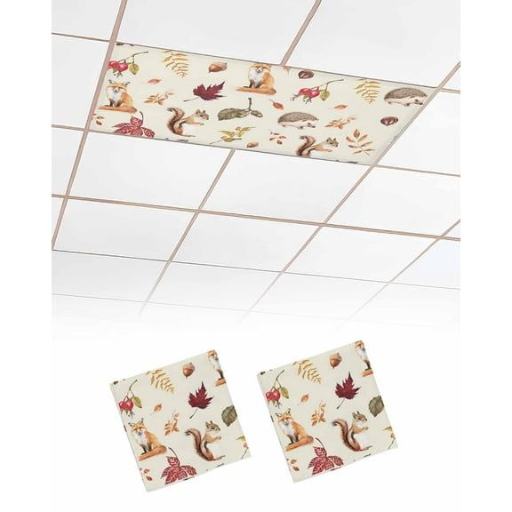 Fluorescent Light Covers for Ceiling Lights 2 Pack,Fall Squirrel Fox Magnetic Ceiling Light Covers 2x4ft for Classroom Office School,Thanksgiving Maple Leaf Autumn Botanical Drop Ceiling Light Shade