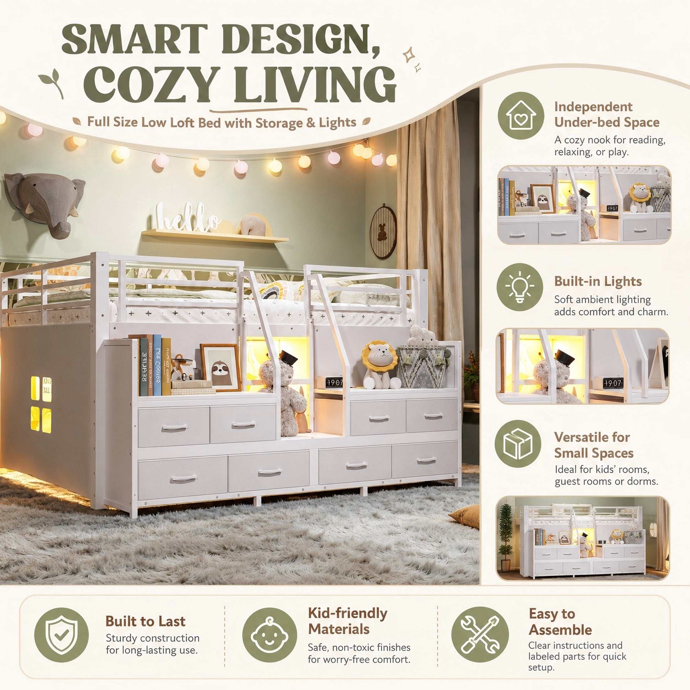 Aukfa Full Size Loft Bed with 8 Storage Drawers, Shelves & LED Lights, Metal Low Loft Bed for Kids Bedroom, White