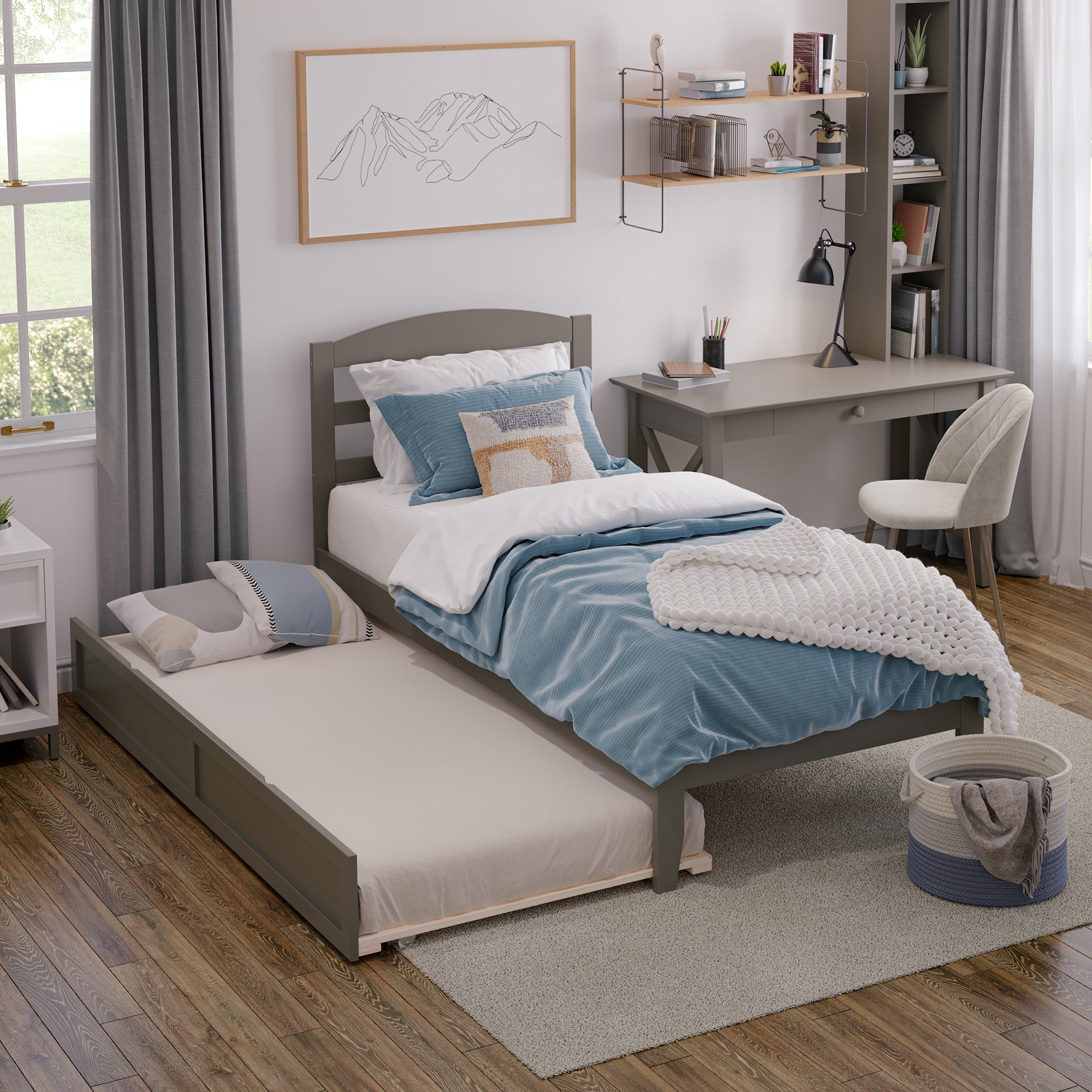 AFI Warren 14" Twin Wood Platform Bed Frame with Twin Trundle, Grey