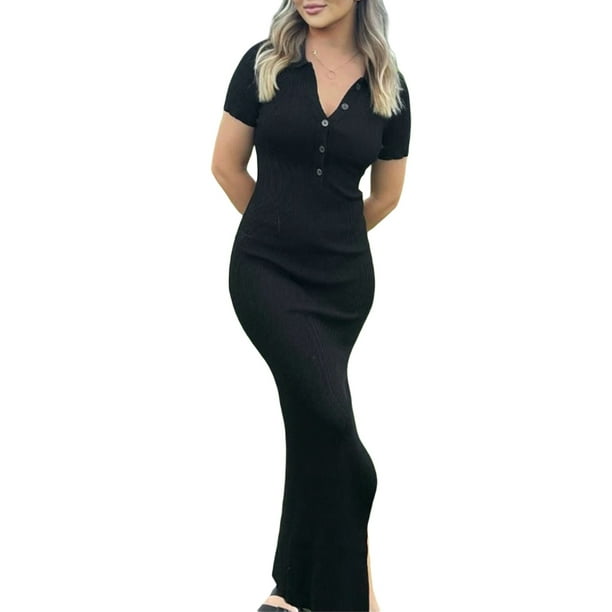 Lucakuins Vestido largo casual para mujer, vestido de oficina de manga corta con botones y solapa de color sólido para damas Lucakuins moda