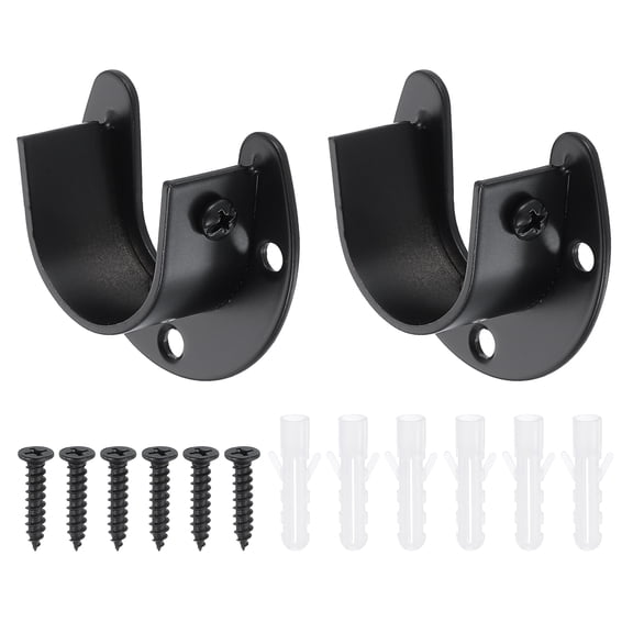 2Pcs Closet Rod End Supports, 1.26" Stainless Steel Flange Rod Holder Bracket End Supports with Screws for Bathroom Closet Curtain, Black