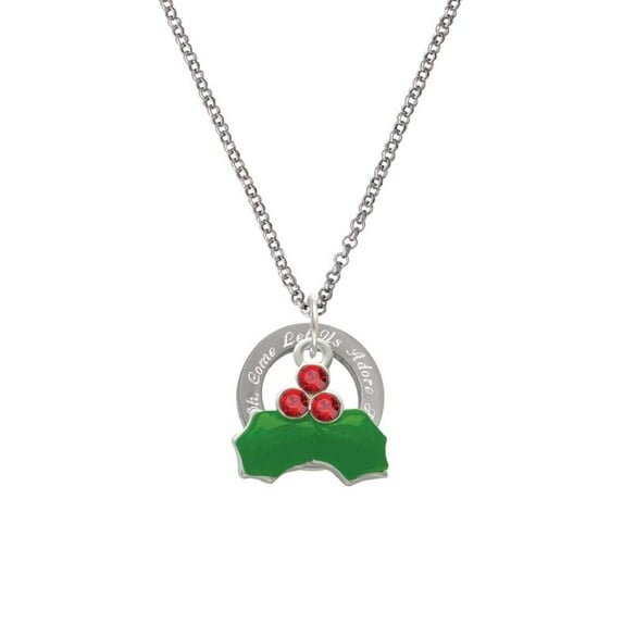 Christmas Holly & Red Crystal Berries Oh Come Let Us Adore Him Affirmation Ring Necklace