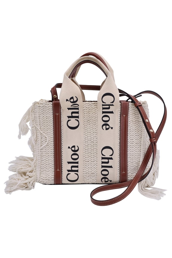 Pre-Owned Chlo Small Woody Knit Fringe Tote Bag in White Recycled Cotton