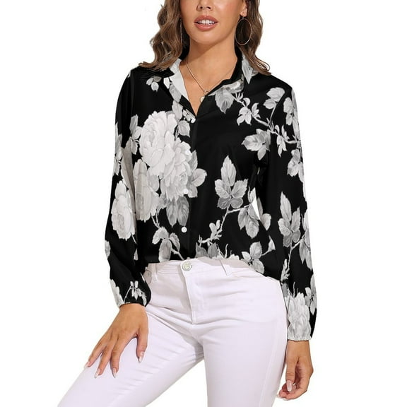 Black And White Roses Long Sleeve Blouse Woman Streetwear Casual Shirts Summer Oversize Woman Streetwear Clothing Birthday Present