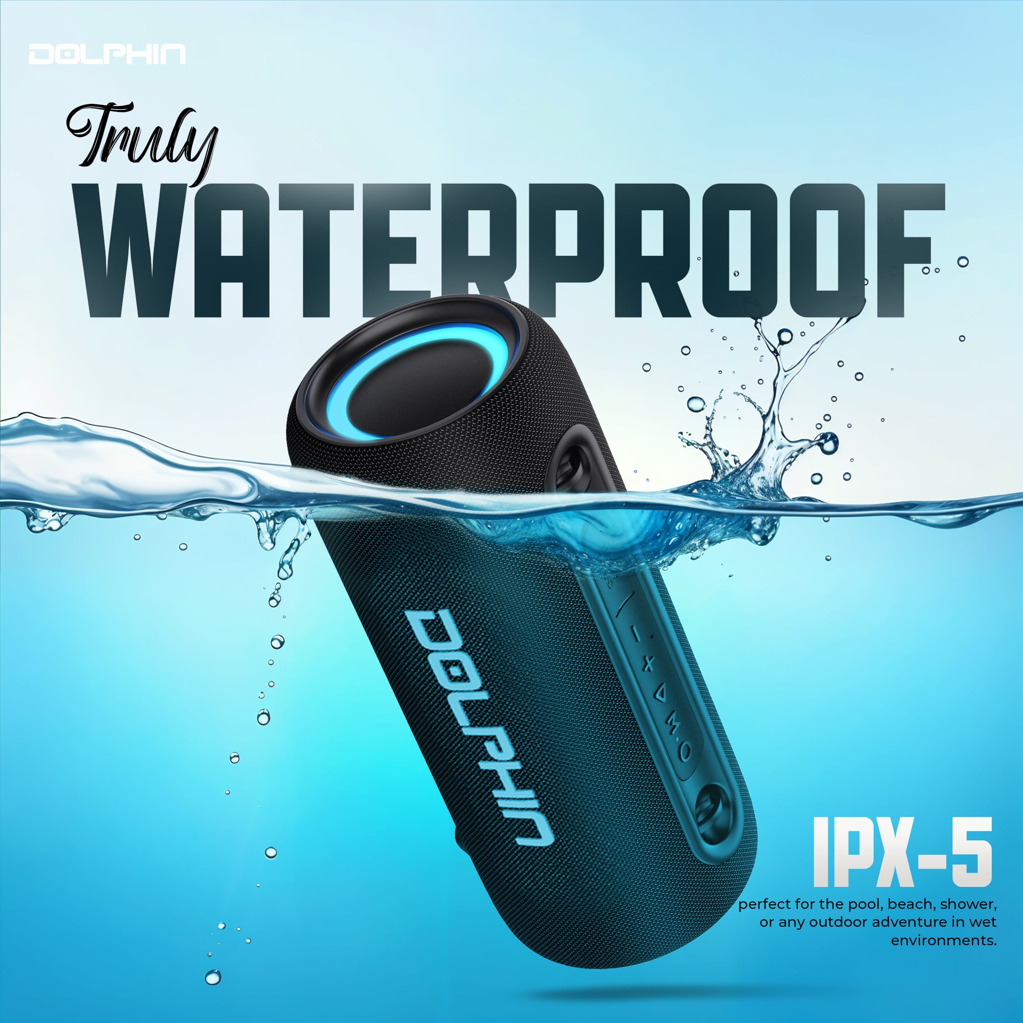 Dolphin LX-30 Waterproof Bluetooth Speaker, 26W Loud Portable Boombox, Water Resistant IPX5, Long-Lasting Battery, Bass, 5.3, Pool, Shower, Beach, Outdoor w Shoulder Strap, Rechargeable