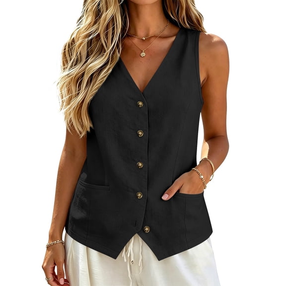 Harpily Womens Tank Tops Classic Cotton Linen Sleeveless Vest Button Front Patch Pocket Breathable Loose Old Money Minimalist Summer Layering Fits