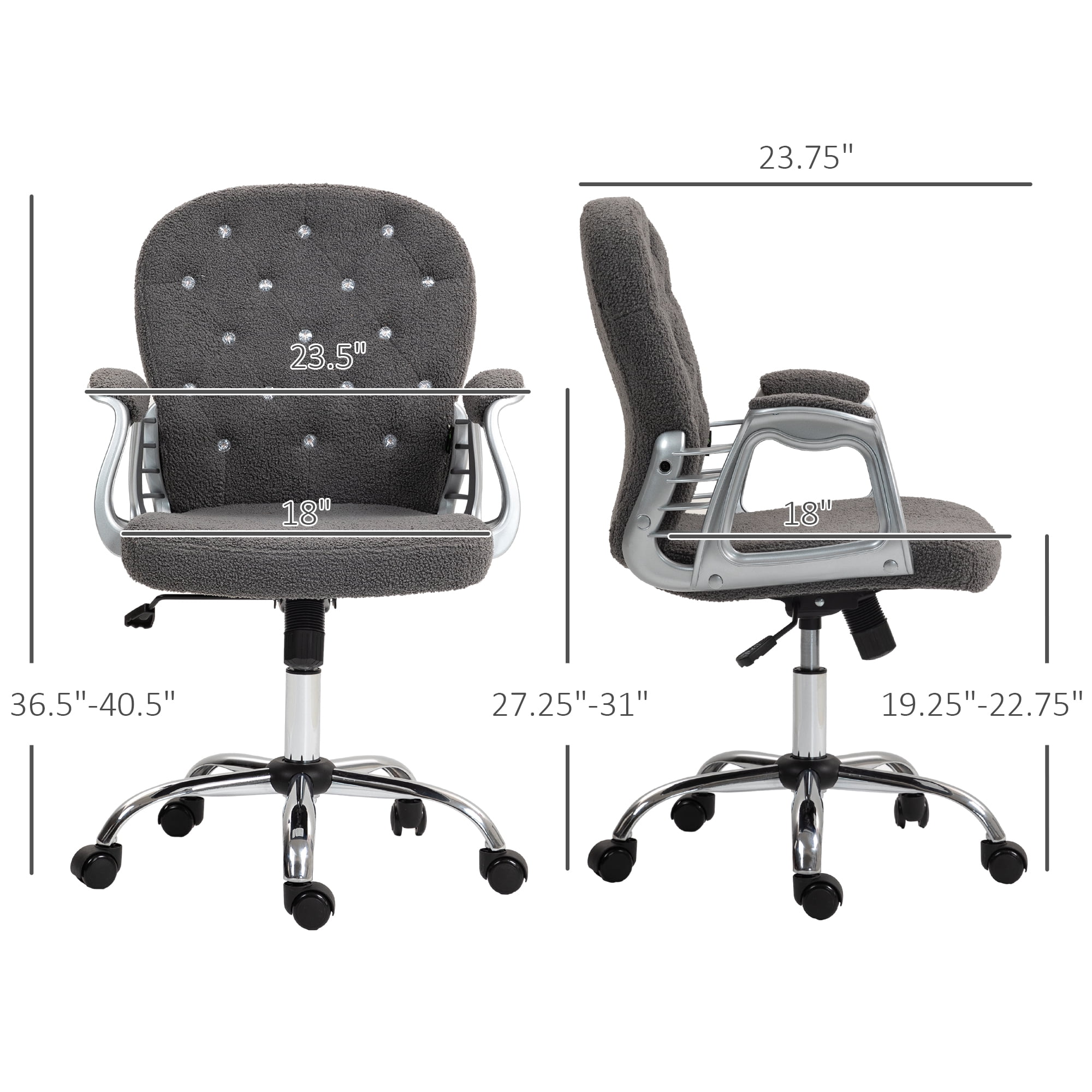 Teddy Fleece Home Office Chair, Button Tufted Desk Chair with Padded Armrests, Adjustable Height and Swivel Wheels, Dark Gray