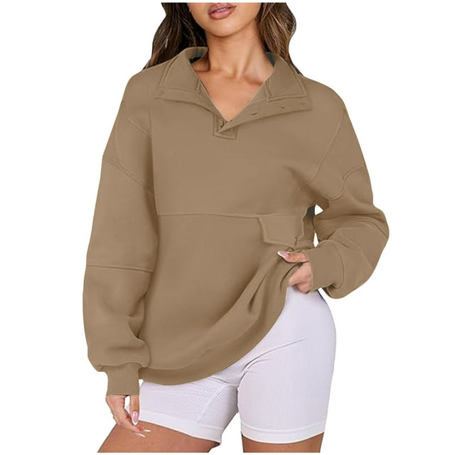 WEAIXIMIUNG Sweat à Capuche Zippé pour Femmes Léger Pull Uni Col en V Sans Capuche Manches Longues