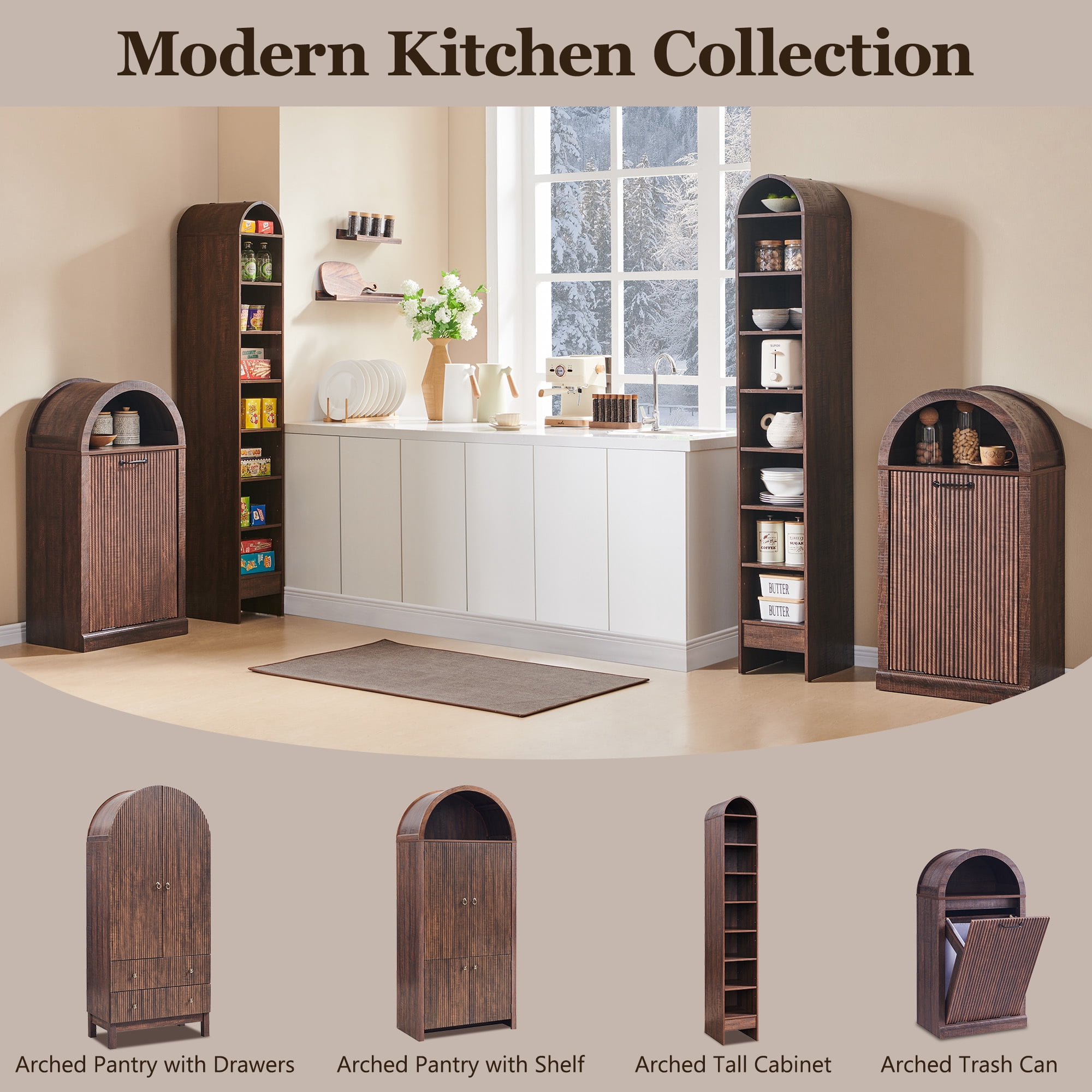 SinCiDo Fluted Arched Tilt-Out Trash Can Cabinet, 10 Gallon Hidden Garbage Can with Storage Basket for Kitchen, Living Room, Brown