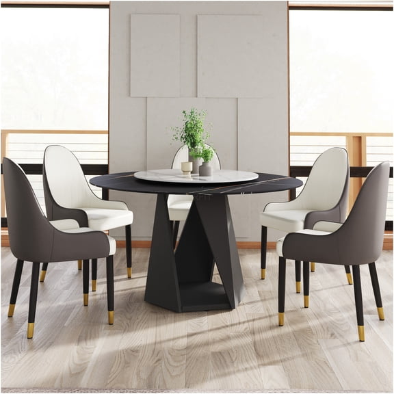 JERFIT 53-inch Round Dining Table with Lazy Susan, Sintered Stone Top & Metal Pedestal Base for 6, Modern Kitchen & Dining Room