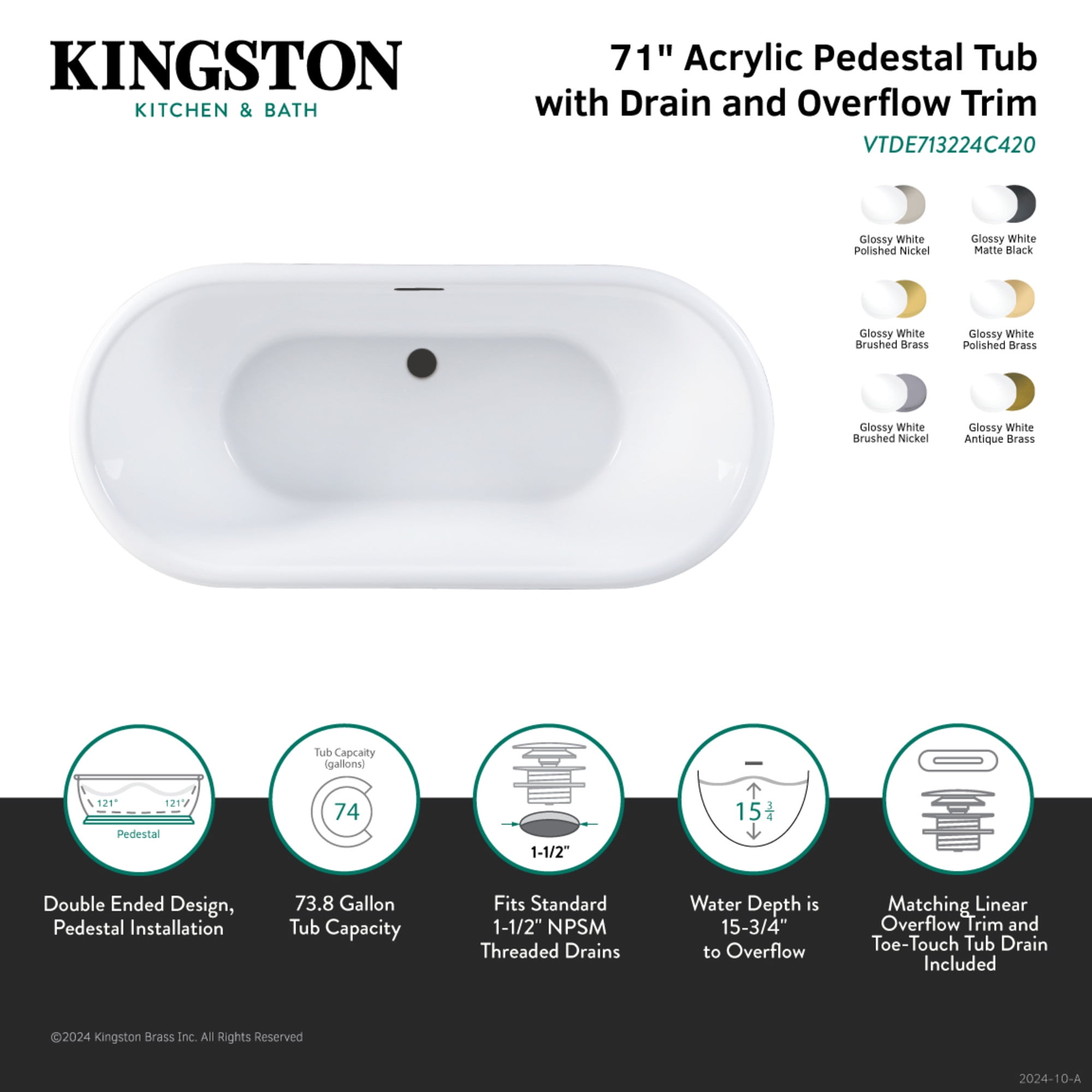 Kingston Brass VTDE713224C423 71-Inch Acrylic Oval Double Ended Pedestal Tub with Drain (No Faucet Drillings) in Glossy White/Antique Brass