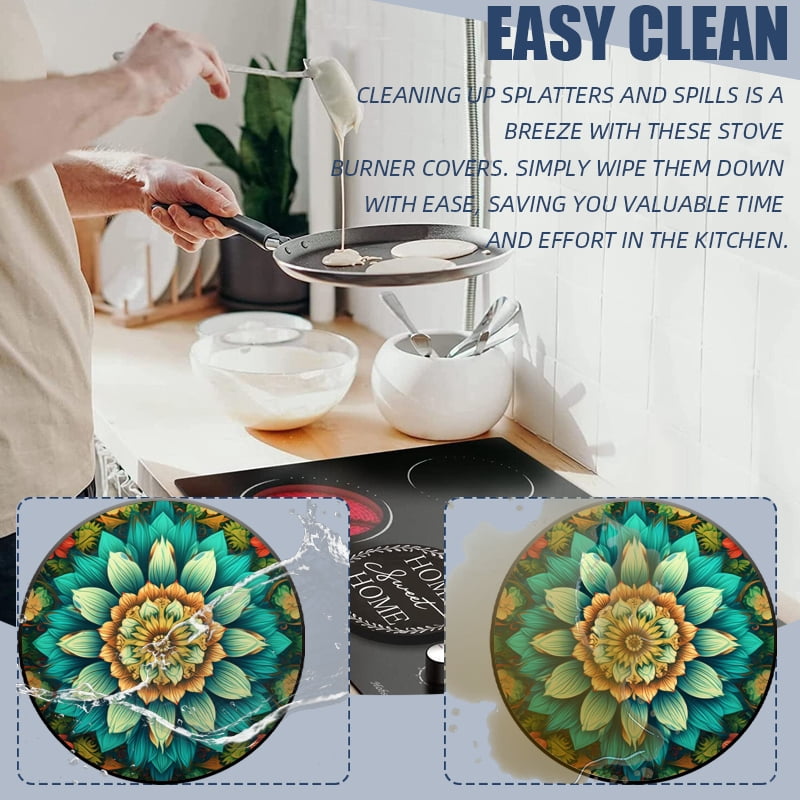 Round Electric Stove Burner Covers, Intricate Mandala Blooming Flower 4Pcs Top Covers for Electric Stove Burner for Kitchen Decoration, 8 Inches and 10 Inches