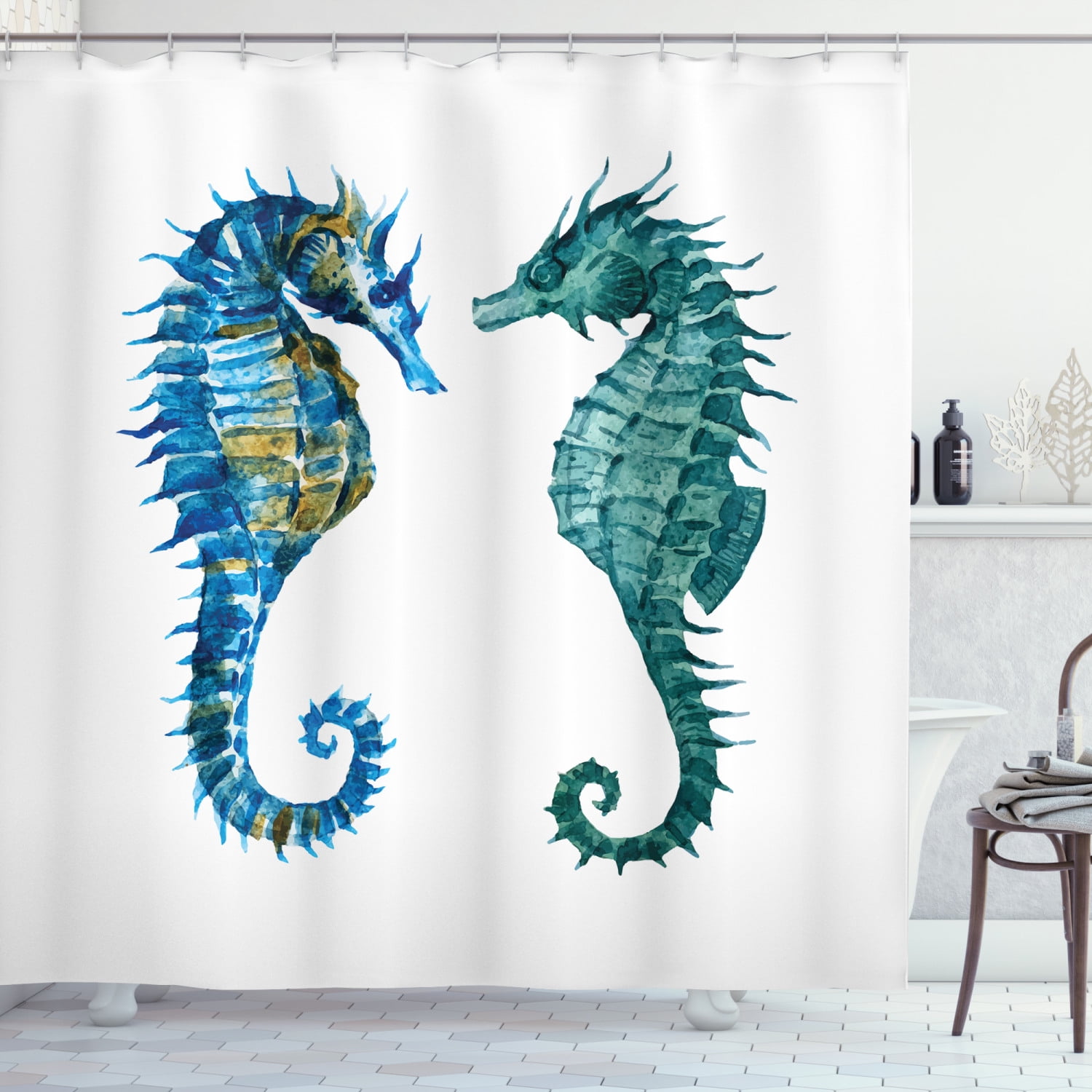 Seahorse Shower Curtain, Watercolor Inspired Retro Artwork of Two